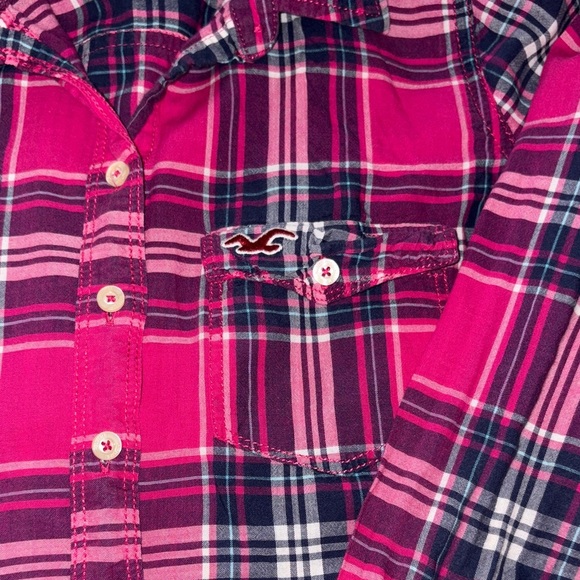 Gently Loved Pink and Navy Plaid Button Down Shirt by HOLLISTER - Picture 3 of 7